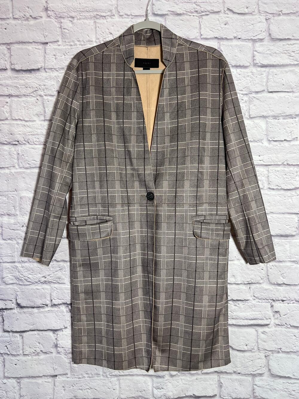 BLANK NYC Plaid Long Blazer Coat SIZE XS Gray One Button Check Jacket